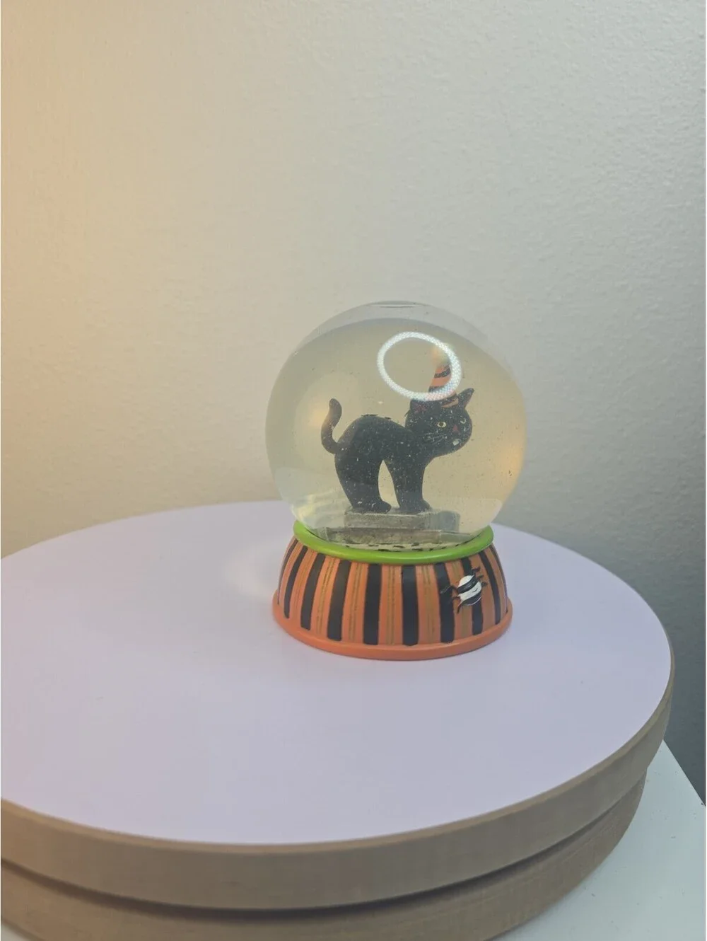Vintage Halloween Black Cat Snow Globe Water Globe Party Hat Striped Spider Base